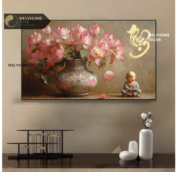 Tranh Hoa Sen Hồng Chú Tiểu Thư Pháp Đơn Dọc Treo Tường Tráng Gương / Canvas Cao Cấp Trang trí