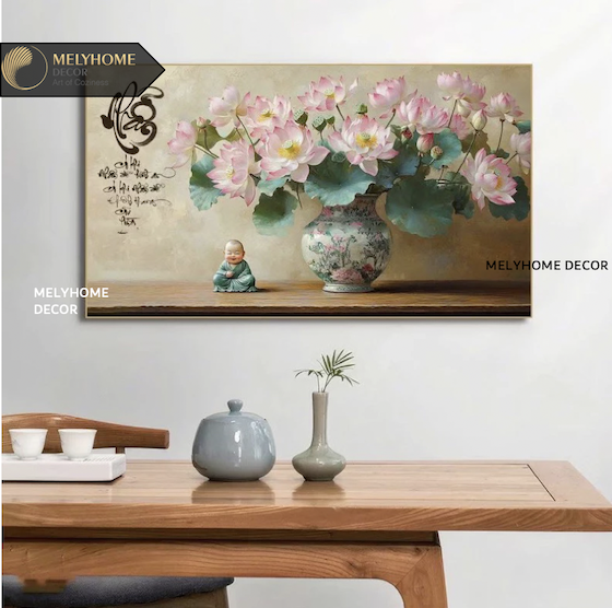 Tranh Đơn Ngang Trừu Tượng Hoa Sen Hồng Thư Pháp Chữ Nhẫn Treo Tường Tráng gương Trang trí phòng khách sạn nhà hàng