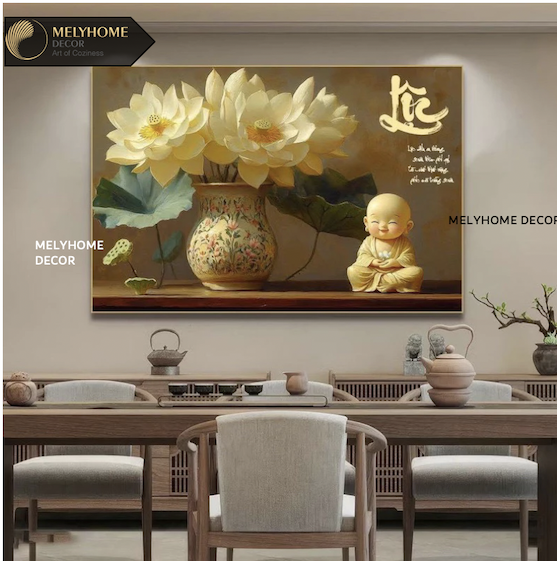 Tranh Hoa Sen Vàng Chú Tiểu Thư Pháp Chữ Lộc Đơn Dọc Treo Tường Tráng Gương / Canvas Cao Cấp Trang trí
