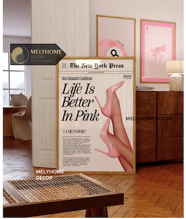 Tranh Màu Hồng Cá Tính Dễ Thương Pastel Tối Giản Đơn Dọc Treo Tường Tráng Gương / Canvas Cao Cấp Trang trí Quán Cafe Showroom Thời Trang