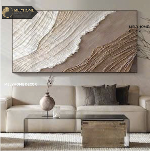 Tranh Đơn Ngang Trừu Tượng Be Nâu Đất Dạng Sóng In Phẳng Giả Nổi 3D Tối Giản Minimalist Wabi sabi Nhật Bản Treo Tường Tráng gương trang trí phòng khách sạn, phòng ngủ