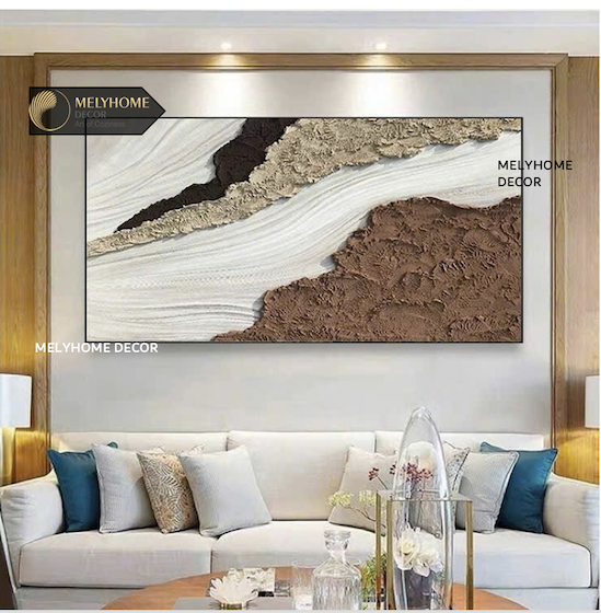 Tranh Đơn Ngang Trừu Tượng Be Nâu Đất Dạng Sóng In Phẳng Giả Nổi 3D Tối Giản Minimalist Wabi sabi Nhật Bản Treo Tường Tráng gương trang trí phòng khách sạn, phòng ngủ