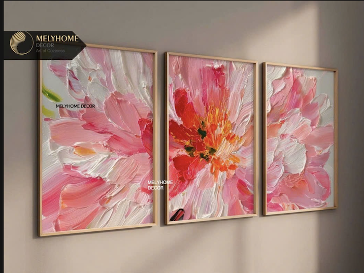 Bộ 3 Tranh Treo Tường Tráng Gương / Canvas Hoa Mẫu Đơn Rực Rỡ Hồng - MELYHOME DECOR