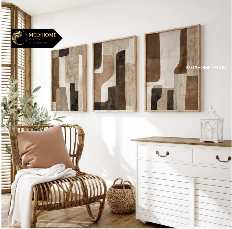 Bộ 3 Tranh Treo Tường Tráng Gương / Canvas Be Trắng Xám Tối Giản Boho Minimalist Trang Trí Phòng Khách Phòng Ngủ- MELYHOME- BOHO3237