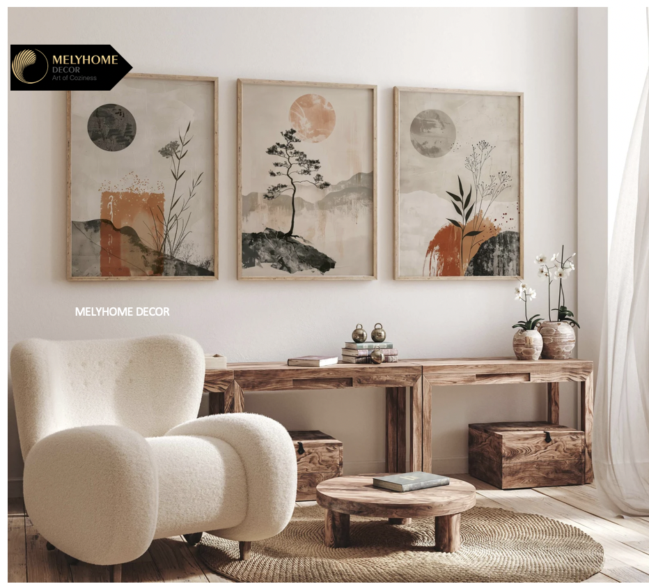 Bộ 3 Tranh Treo Tường Tráng Gương / Canvas Be Trắng Xám Tối Giản Boho Minimalist Trang Trí Phòng Khách Phòng Ngủ- MELYHOME- BOHO3237