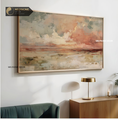 Tranh Đơn Ngang Trừu Tượng Mây Núi Sắc Hồng Xanh Tối Giản Minimalist Wabi sabi Treo Tường Tráng gương trang trí phòng khách sạn, phòng ngủ