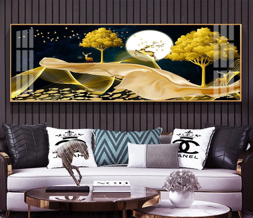 Tranh treo tường đơn ngang canvas Tráng gương- Hươu Nai Tài Lộc tỷ lệ 1:3 -3