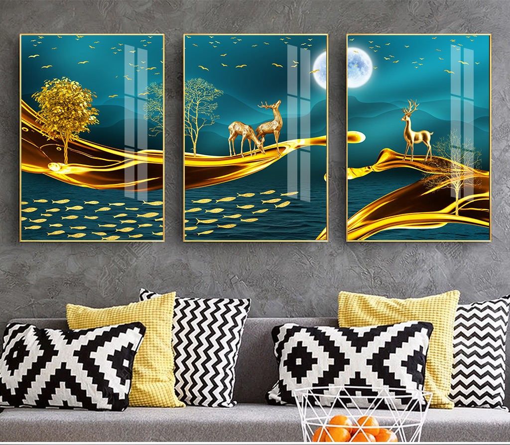 Bộ 3 tranh treo tường Tráng gương cao cấp phong thuỷ-  Hươu Nai Tài Lộc-27