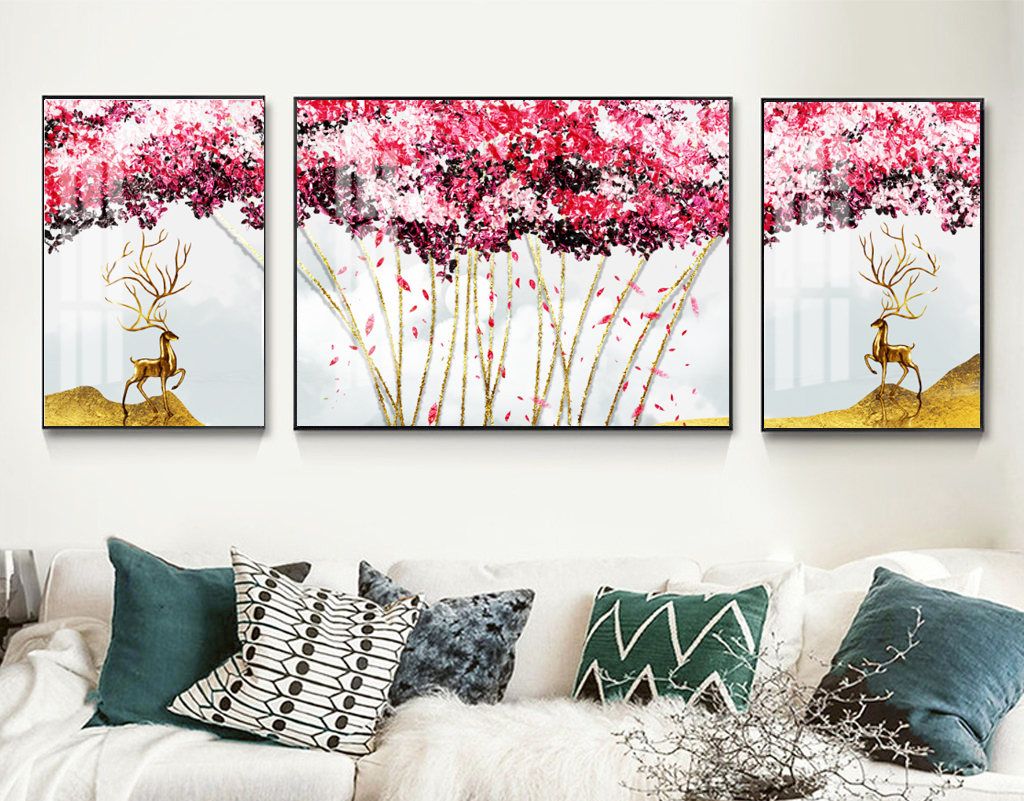 Bộ 3 tranh treo tường phong thuỷ Tráng gương cao cấp - Hươu Nai Tài Lộc Hiện Đại -Kiểu mới- 8