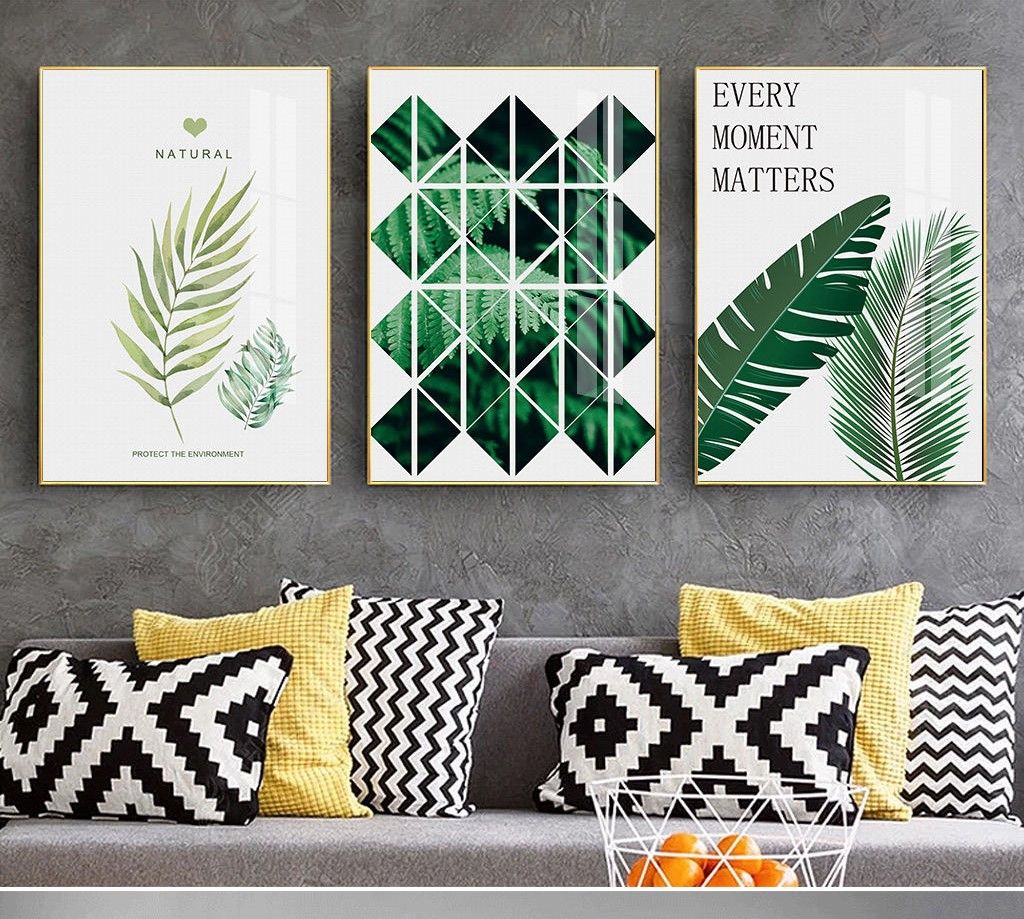 Bộ 3 tranh treo tường canvas Tráng gương cao cấp lá cây nhiệt đới phong cách Bắc Âu Tropical -10