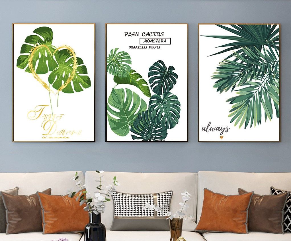 Bộ 3 tranh treo tường canvas Tráng gương cao cấp lá cây nhiệt đới phong cách Bắc Âu Tropical -8