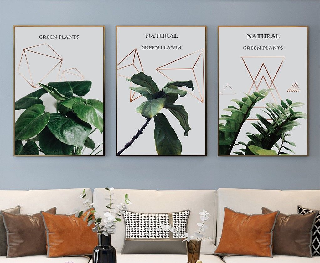 Bộ 3 tranh treo tường canvas Tráng gương cao cấp lá cây nhiệt đới phong cách Bắc Âu Tropical -9