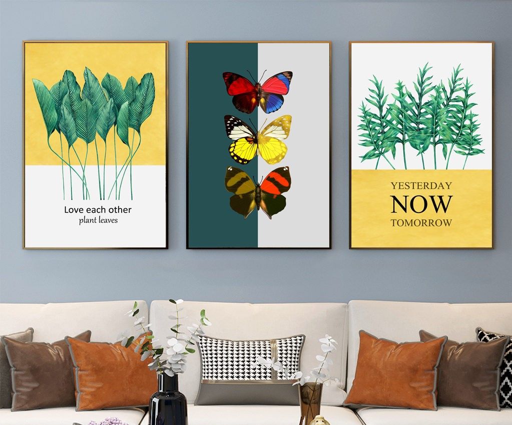 Bộ 3 tranh treo tường canvas Tráng gương cao cấp Hoa lá nhiệt đới phong cách Bắc Âu Tropical -7