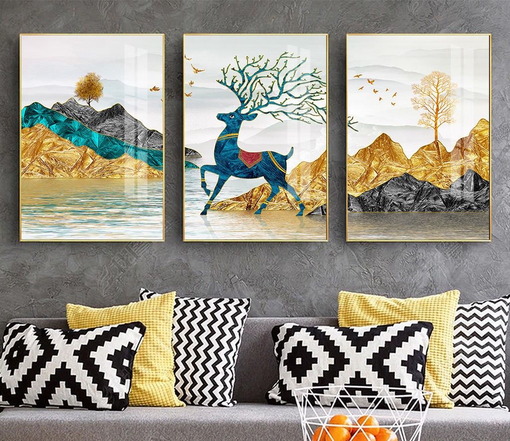 Bộ 3 tranh treo tường canvas Tráng gương cao cấp phong thuỷ Hươu Nai Tài Lộc-8