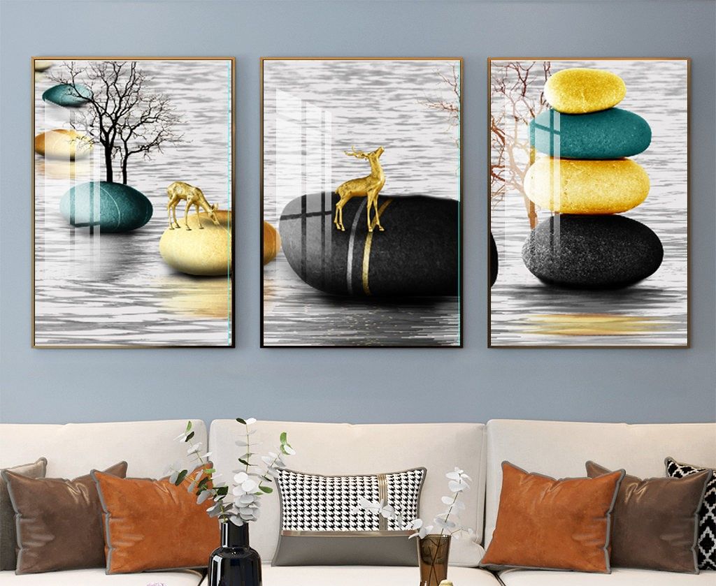 Bộ 3 tranh treo tường canvas Tráng gương cao cấp phong thuỷ Đá cuội Hươu Nai Tài Lộc-9