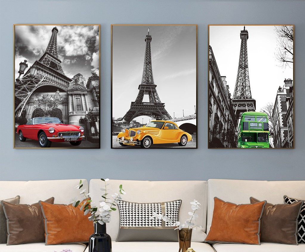 Bộ 3 tranh treo tường canvas Tráng gương cao cấp Thành phố Pari Tháp Eiffef Siêu xe Pháp Châu Âu 2