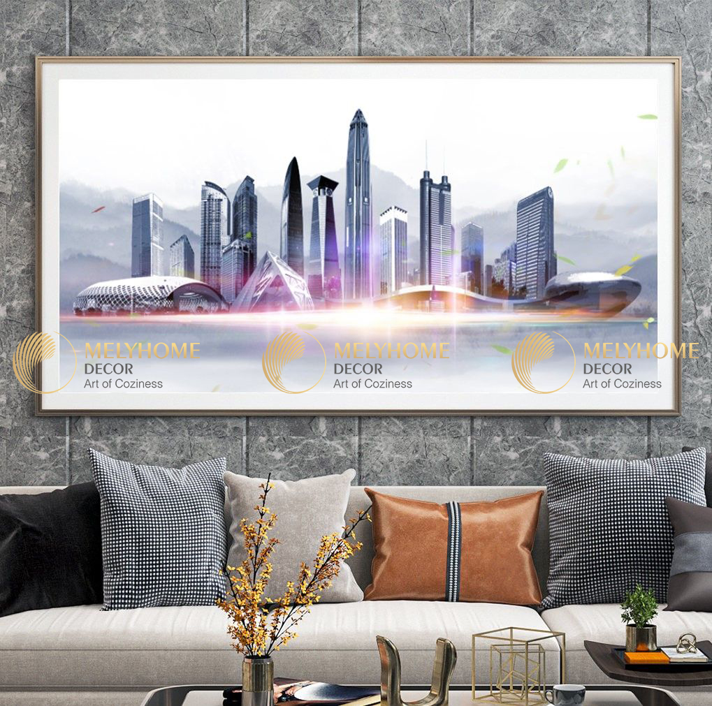 Tranh treo tường đơn dọc ngang canvas Tráng gương thành phố hiện đại (tỷ lệ 1:2) -1