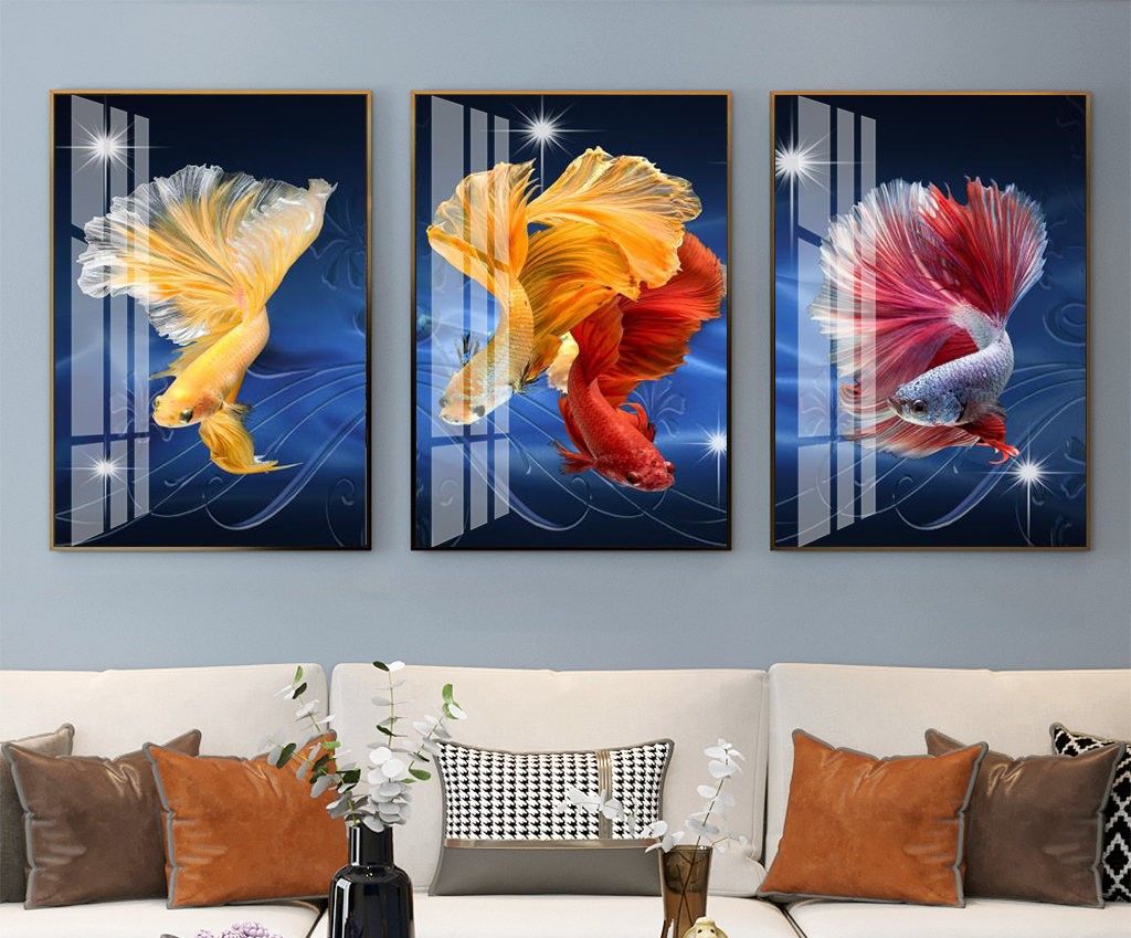 Bộ 3 tranh treo tường canvas Tráng gương cao cấp phong thuỷ tranh cá cửu ngư nghệ thuật -3