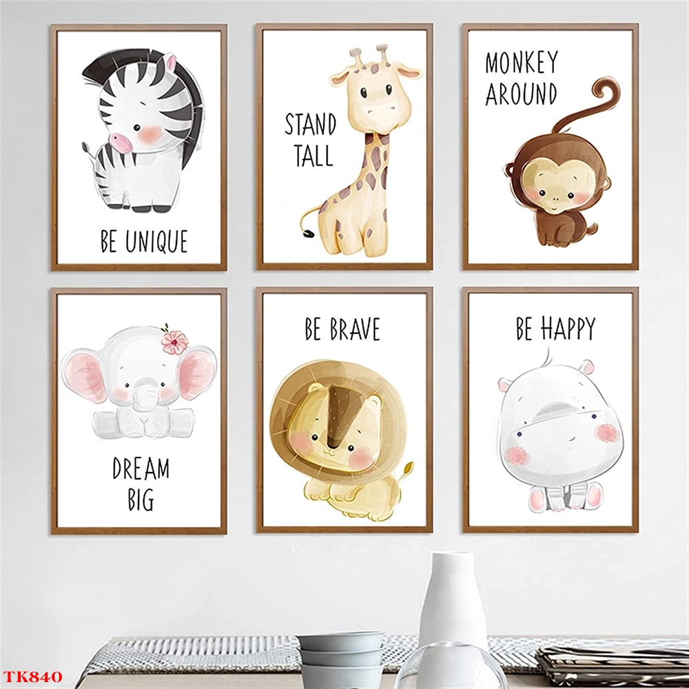 Bộ 6 Tranh Treo Tường Tráng Gương / Canvas Tranh Trẻ Em Động Vật Hoạt Hình và Tiếng Anh - MELYHOME- 17
