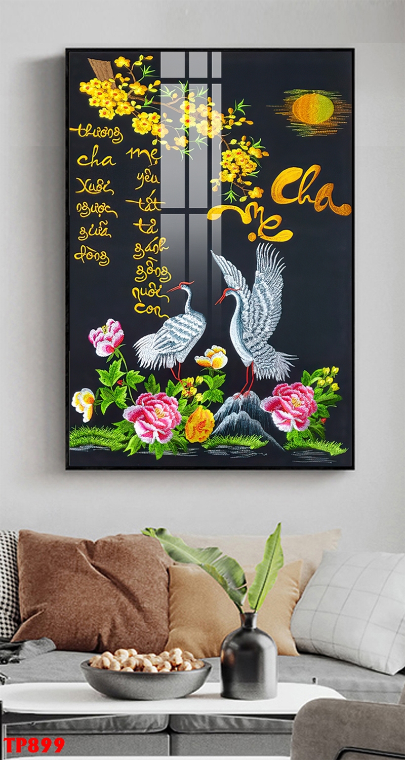 Tranh đơn treo tường Tráng gương Cao Cấp - Thư Pháp Chữ Cha Mẹ -  tỷ lệ 2:3 -4