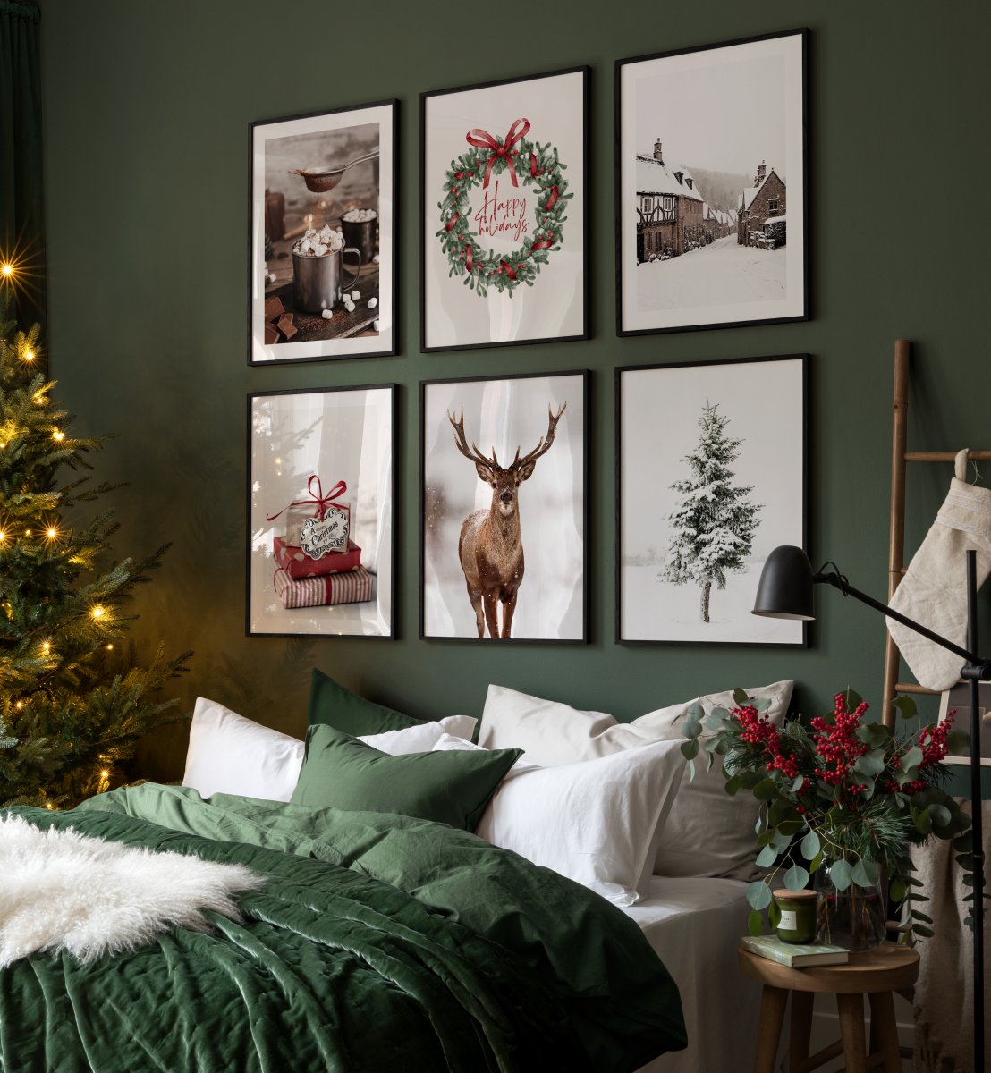 Bộ 6 Tranh Treo Tường Tráng gương/Canvas Màu Xam Lá Giáng Sinh Tuần Lộc Cây Thông Noel Hộp Quà