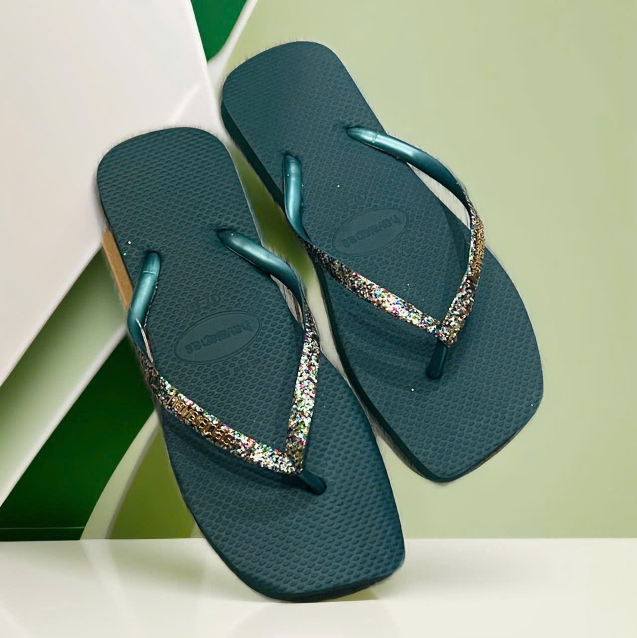 dép havaianas nữ Thái màu xanh rêu quai kim tuyến