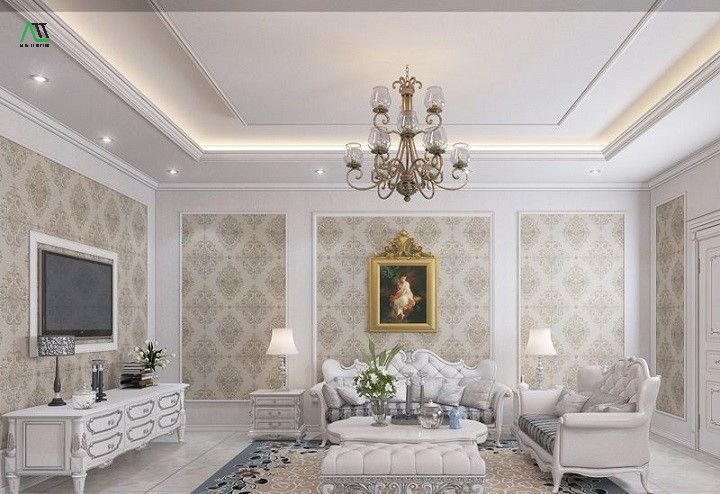 Kết hợp phào trần, len chân tường nhựa PS cho phòng khách biệt thự  