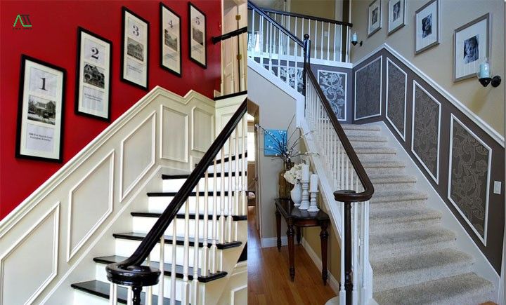 Sử dụng phào chỉ PS trang trí lưng tường, khung tường dọc lối đi cầu thang 