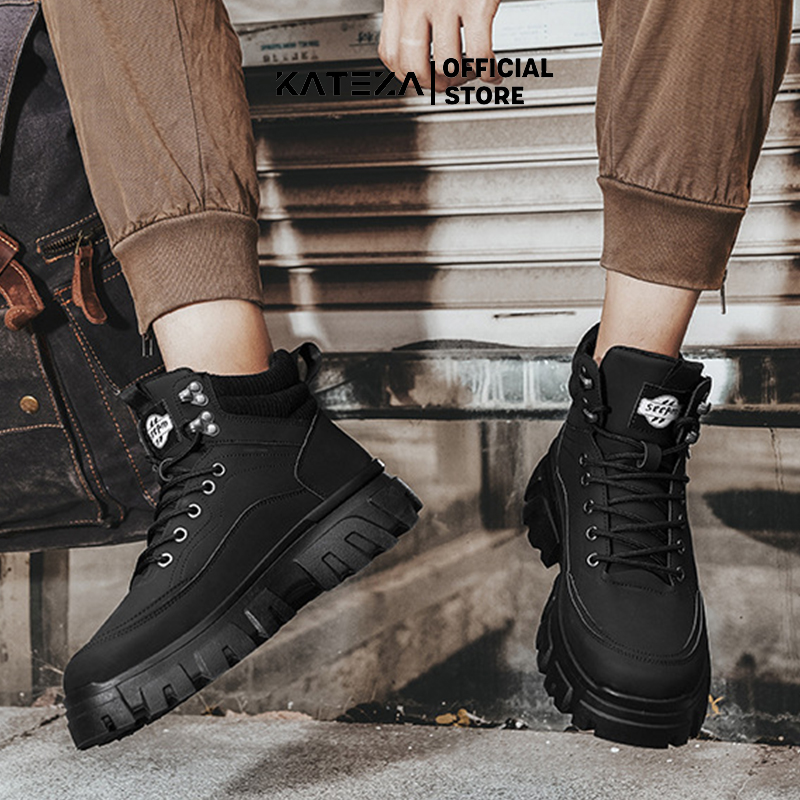 Giày Boot Martin Cổ Thấp G01 Da Đen Đế Răng Cưa Phong Cách Cá Tính Bản To Dày 4cm Cá Tính Cho Nam