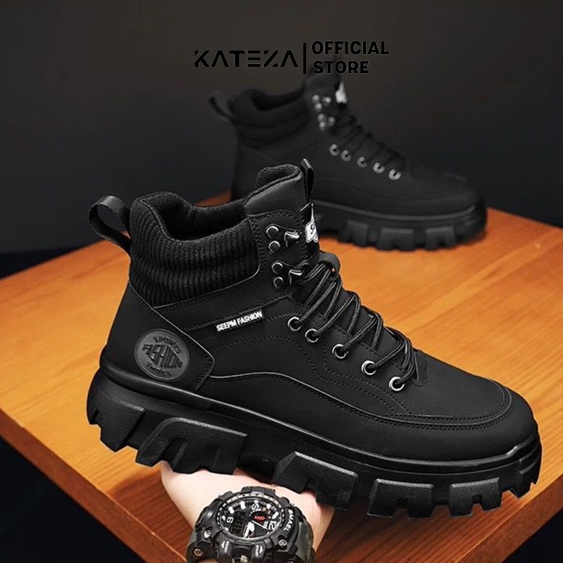 Giày Boot Martin Cổ Thấp G01 Da Đen Đế Răng Cưa Phong Cách Cá Tính Bản To Dày 4cm Cá Tính Cho Nam
