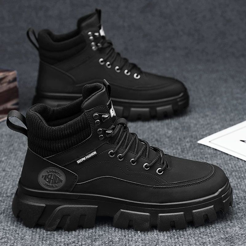 Giày Boot Martin Cổ Thấp G01 Da Đen Đế Răng Cưa Phong Cách Cá Tính Bản To Dày 4cm Cá Tính Cho Nam