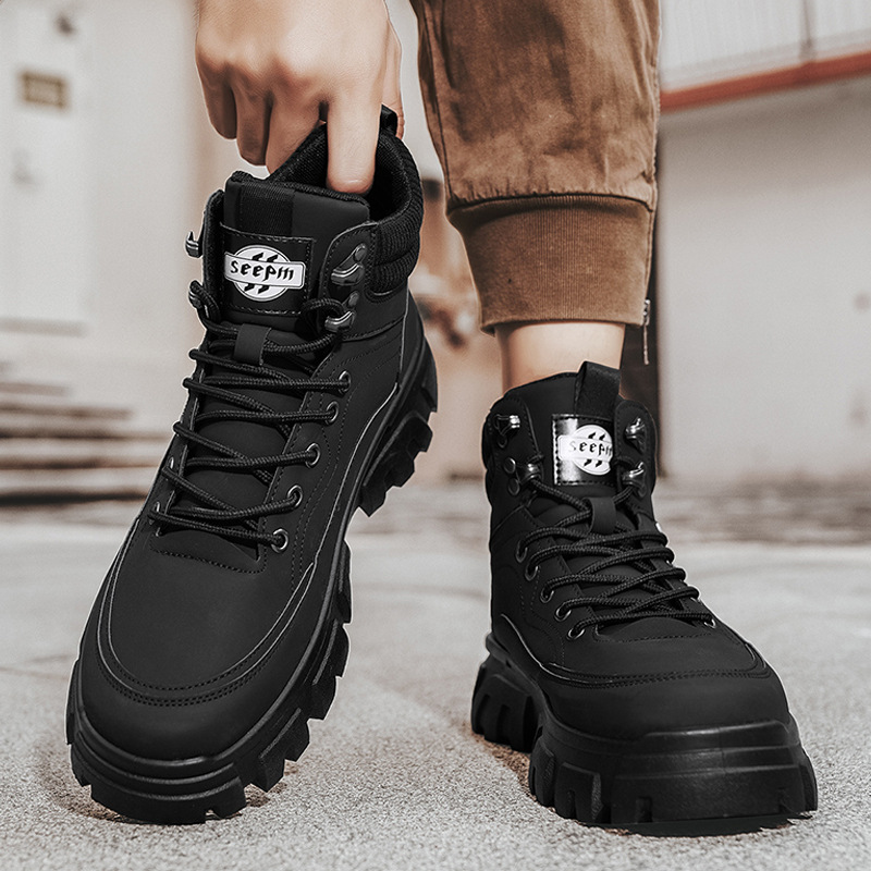 Giày Boot Martin Cổ Thấp G01 Da Đen Đế Răng Cưa Phong Cách Cá Tính Bản To Dày 4cm Cá Tính Cho Nam