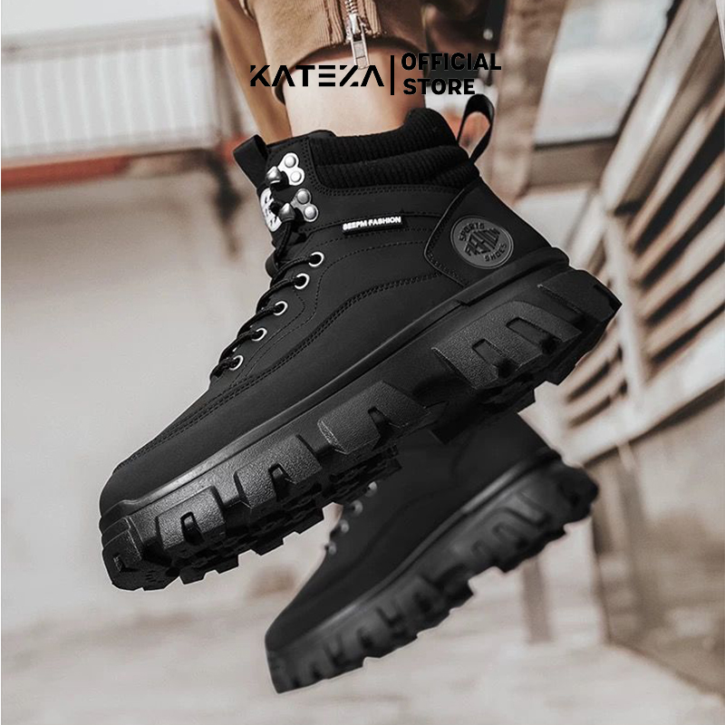 Giày Boot Martin Cổ Thấp G01 Da Đen Đế Răng Cưa Phong Cách Cá Tính Bản To Dày 4cm Cá Tính Cho Nam