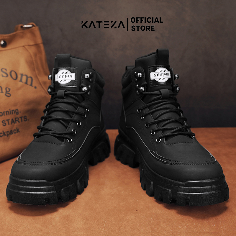 Giày Boot Martin Cổ Thấp G01 Da Đen Đế Răng Cưa Phong Cách Cá Tính Bản To Dày 4cm Cá Tính Cho Nam