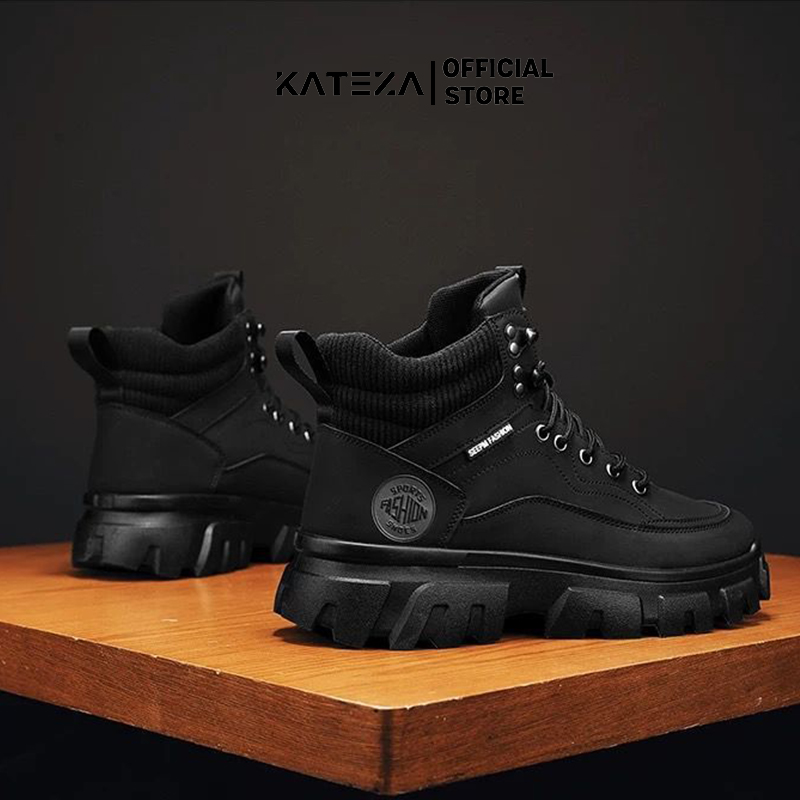 Giày Boot Martin Cổ Thấp G01 Da Đen Đế Răng Cưa Phong Cách Cá Tính Bản To Dày 4cm Cá Tính Cho Nam