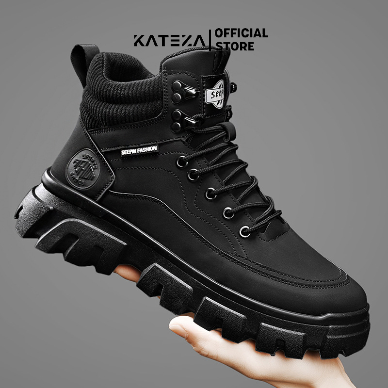 Giày Boot Martin Cổ Thấp G01 Da Đen Đế Răng Cưa Phong Cách Cá Tính Bản To Dày 4cm Cá Tính Cho Nam