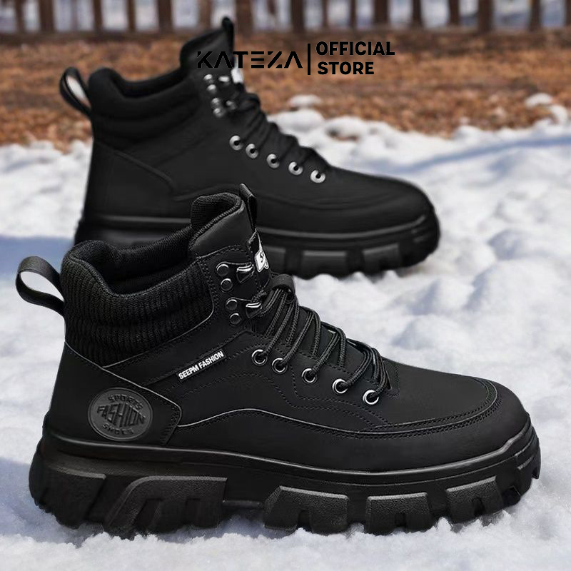 Giày Boot Martin Cổ Thấp G01 Da Đen Đế Răng Cưa Phong Cách Cá Tính Bản To Dày 4cm Cá Tính Cho Nam