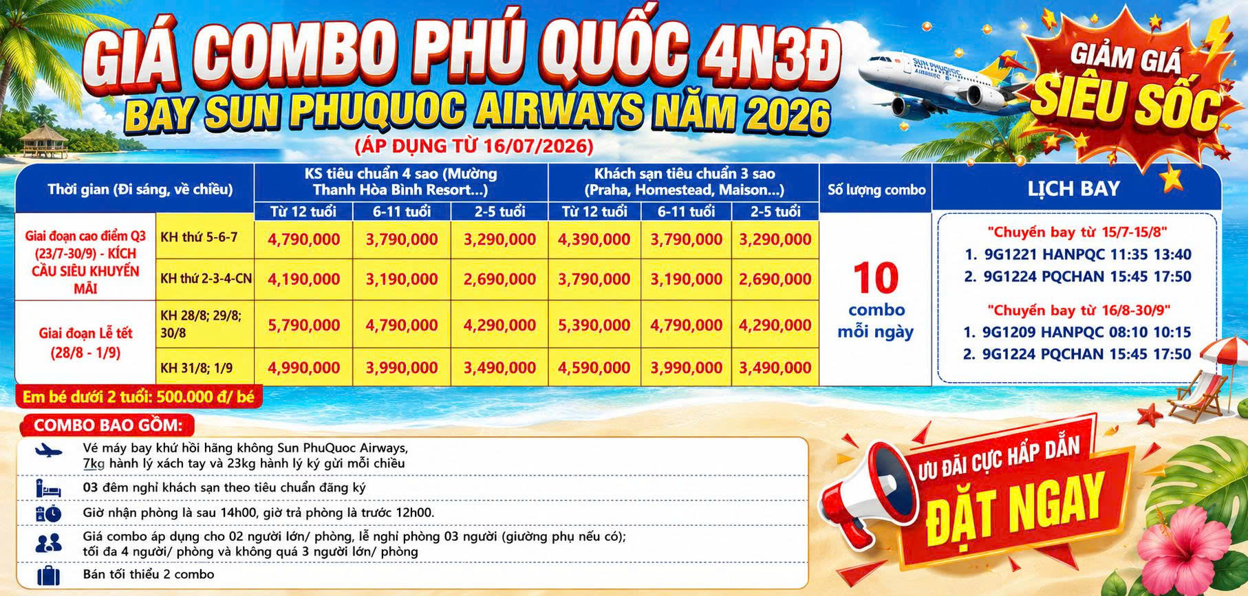 Bảng giá chi tiết combo Phú Quốc 4N3Đ áp dụng năm 2026