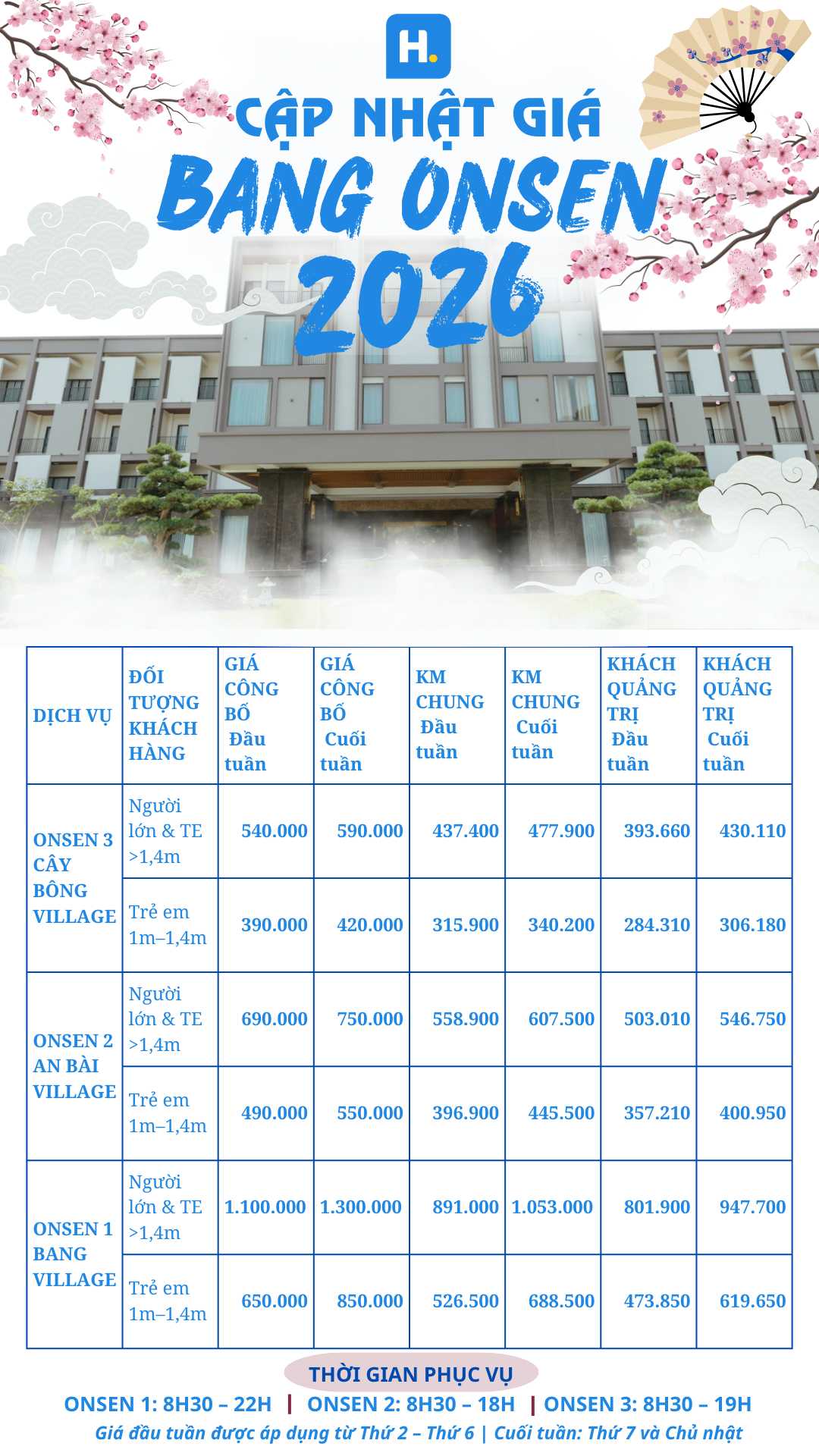 Bảng giá vé 2026 Bang Onsen Quảng Bình