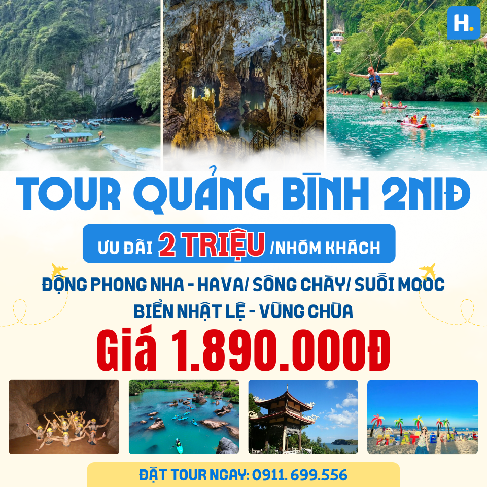 TOUR QUẢNG BÌNH 2N1Đ: Biển Nhật Lệ - Phong Nha Kẻ Bàng khởi hành từ Đà Nẵng/Huế bằng tàu hỏa