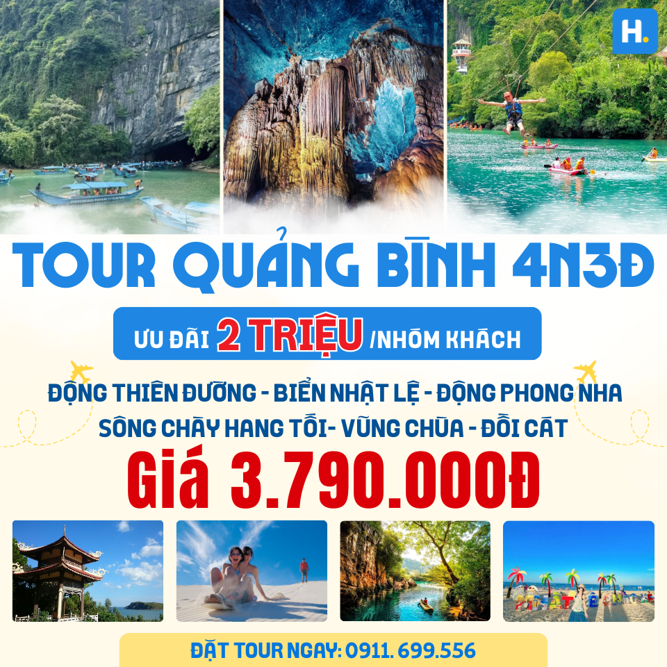 TOUR QUẢNG BÌNH 4N3Đ : Biển Nhật Lệ - Động Phong Nha - Động Thiên Đường - Sông Chày Hang Tối - Suối Nước Moọc - Biển Nhật Lệ 4N3Đ