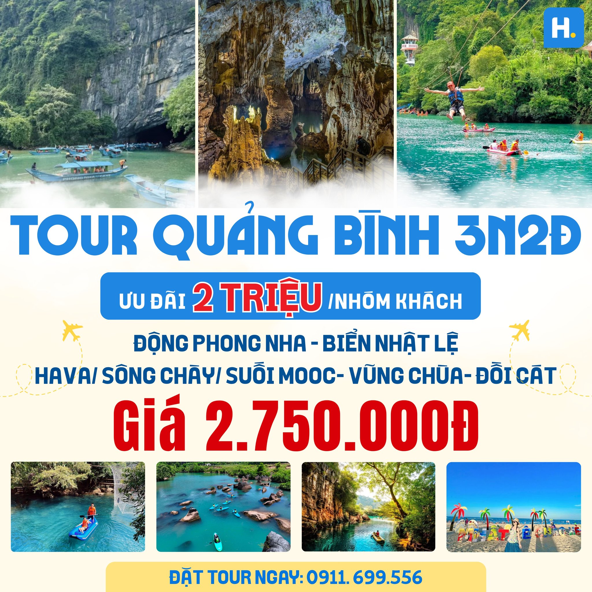 TOUR QUẢNG BÌNH 3N2Đ: Phong Nha Kẻ Bàng - Sông Chày Hang Tối - Công Viên Ozo