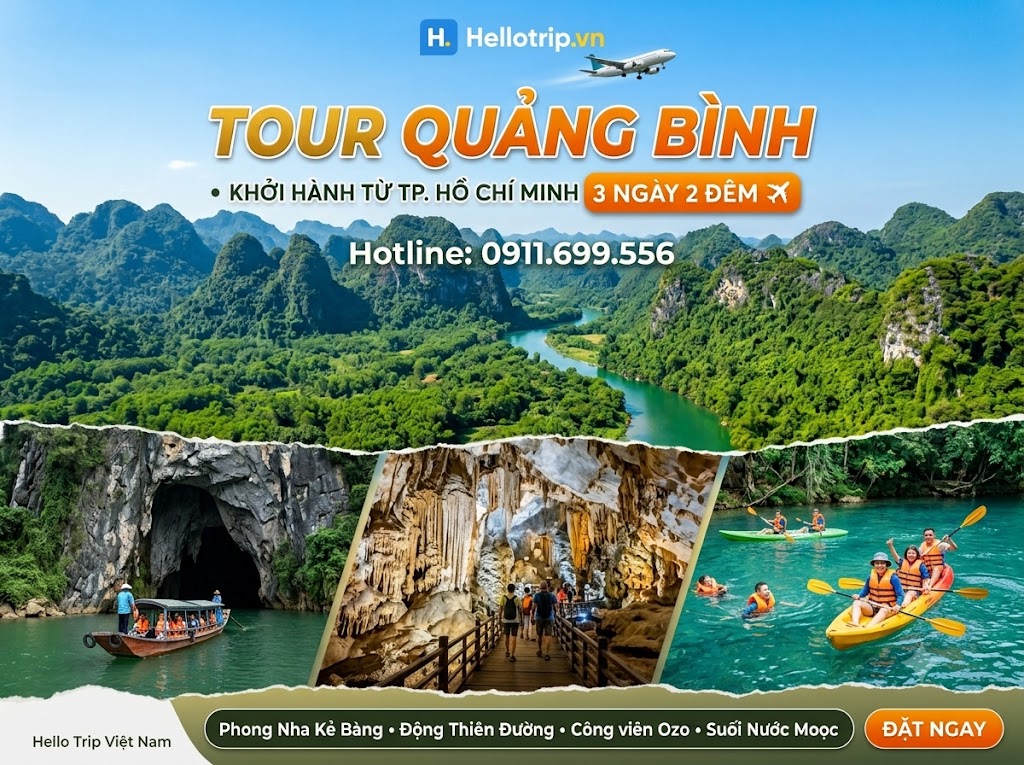 TOUR QUẢNG BÌNH TỪ TP. HỒ CHÍ MINH 3 NGÀY 2 ĐÊM: Phong Nha Kẻ Bàng - Động Thiên Đường - Biển Nhật Lệ - Suối nước Mooc