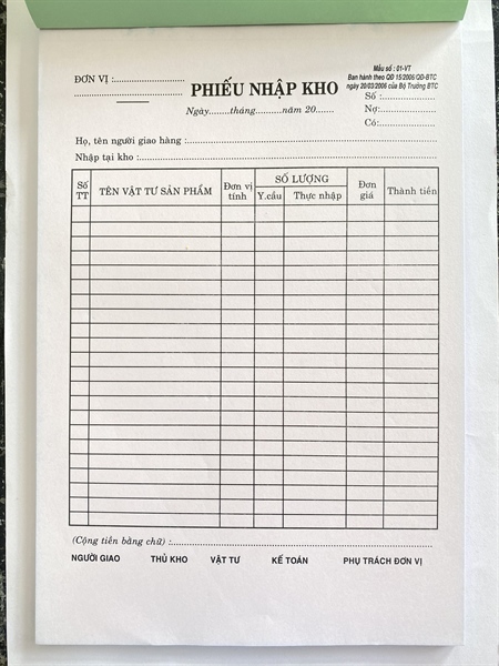 PHIẾU NHẬP KHO A4 1 LIÊN (QUYỂN)