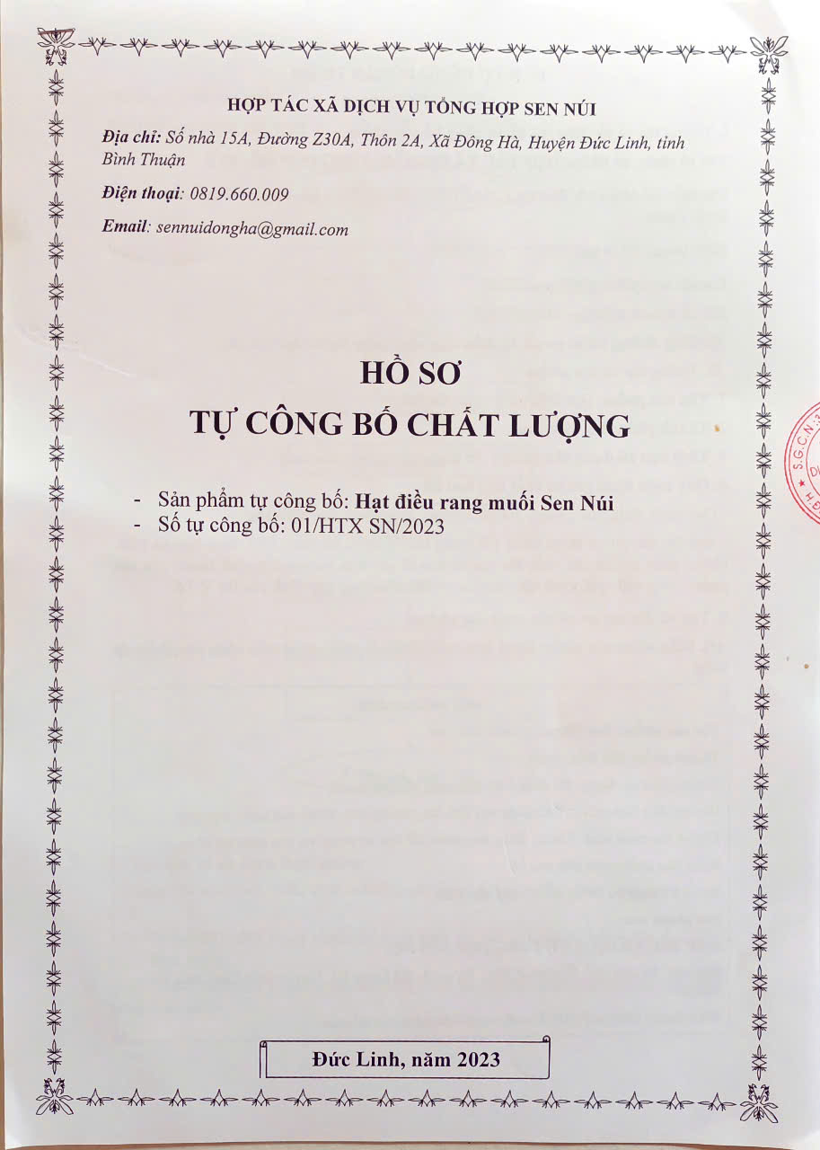 HTX DVTH SEN NÚI CÔNG BỐ BẢN TỰ CÔNG BỐ CHẤT LƯỢNG SẢN PHẨM HẠT ĐIỀU RANG MUỐI