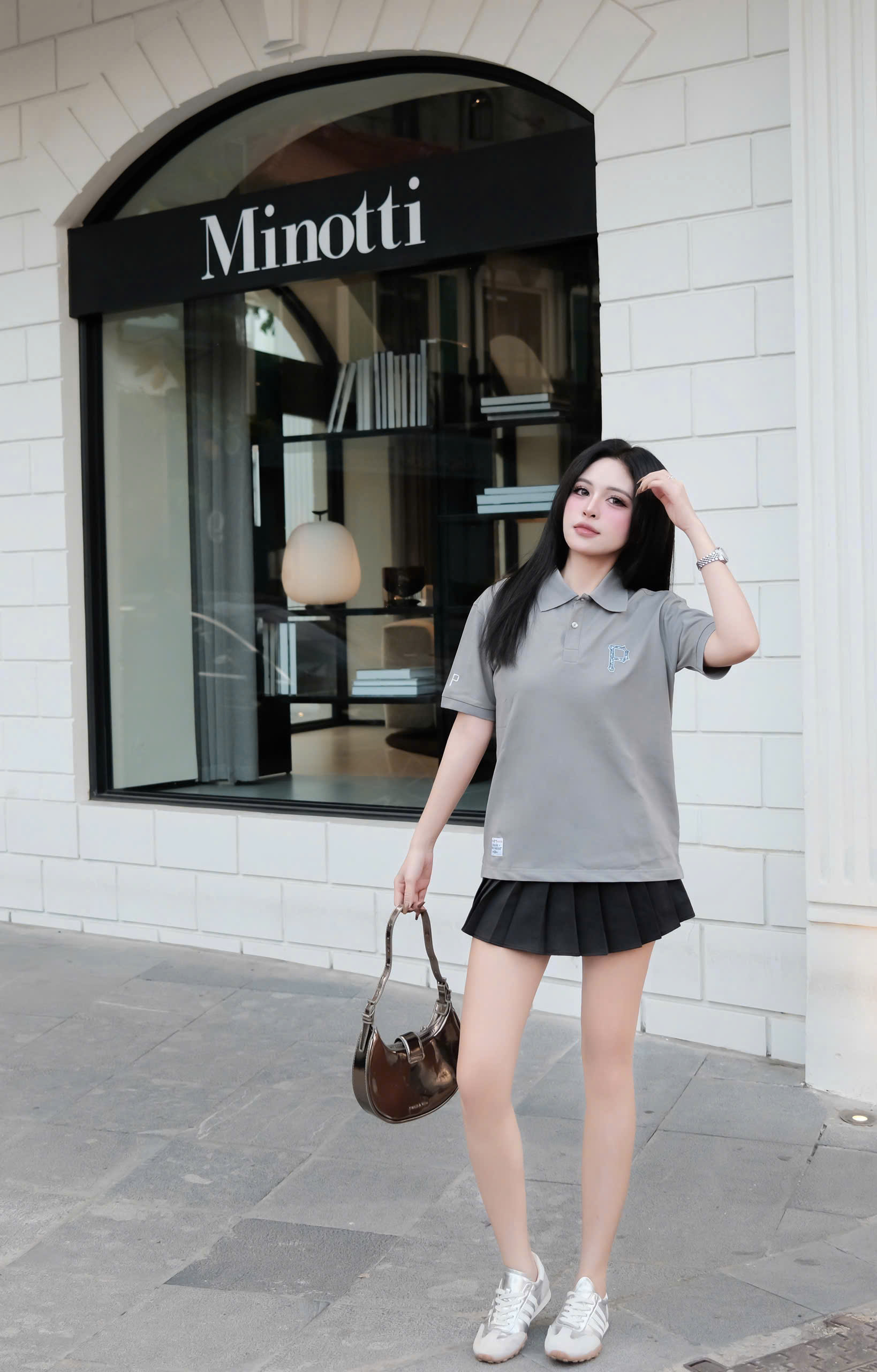 2166 - Áo Polo New Era Pennant Big P Xám [HÀNG CHÍNH HÃNG]