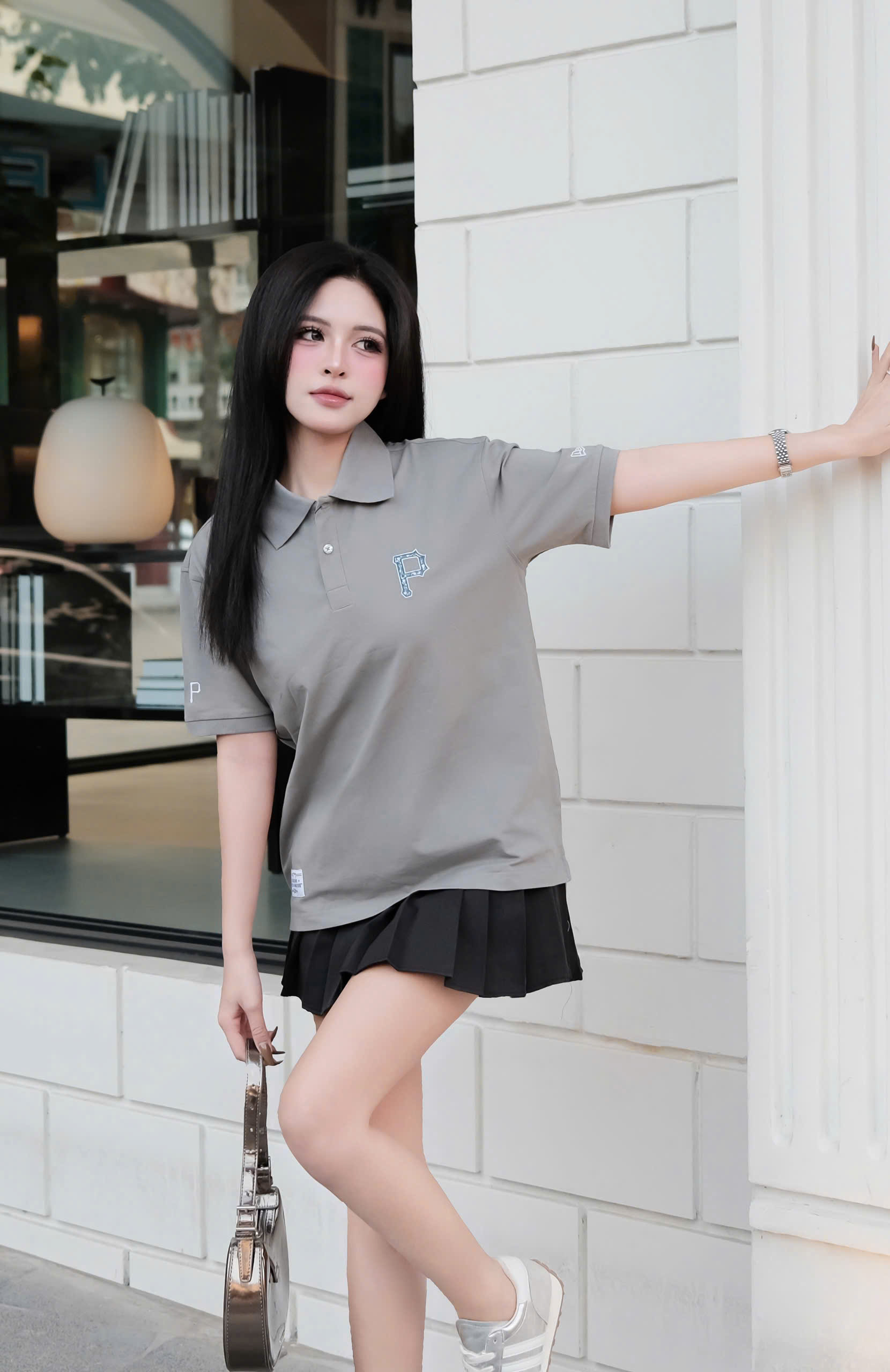 2166 - Áo Polo New Era Pennant Big P Xám [HÀNG CHÍNH HÃNG]