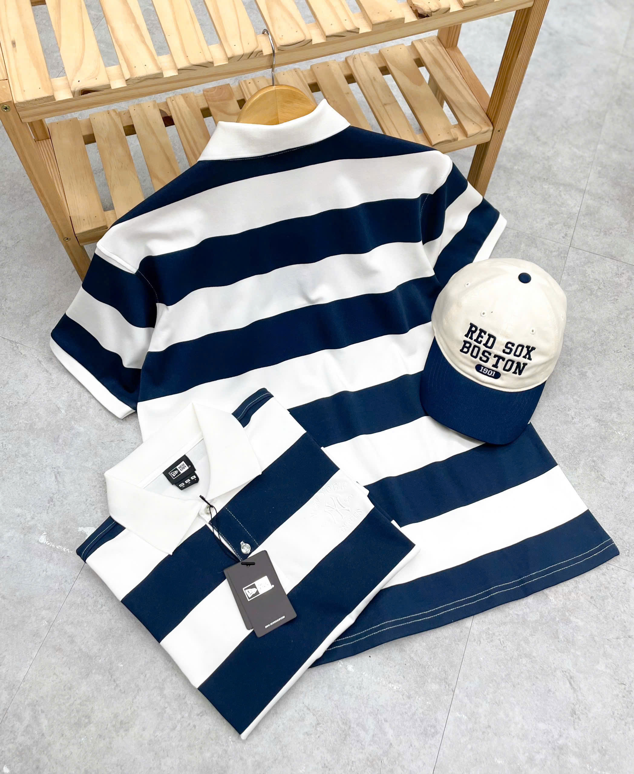 2184 - Áo Polo New Era NY Chìm Xanh Navy Sọc Trắng [HÀNG CHÍNH HÃNG]