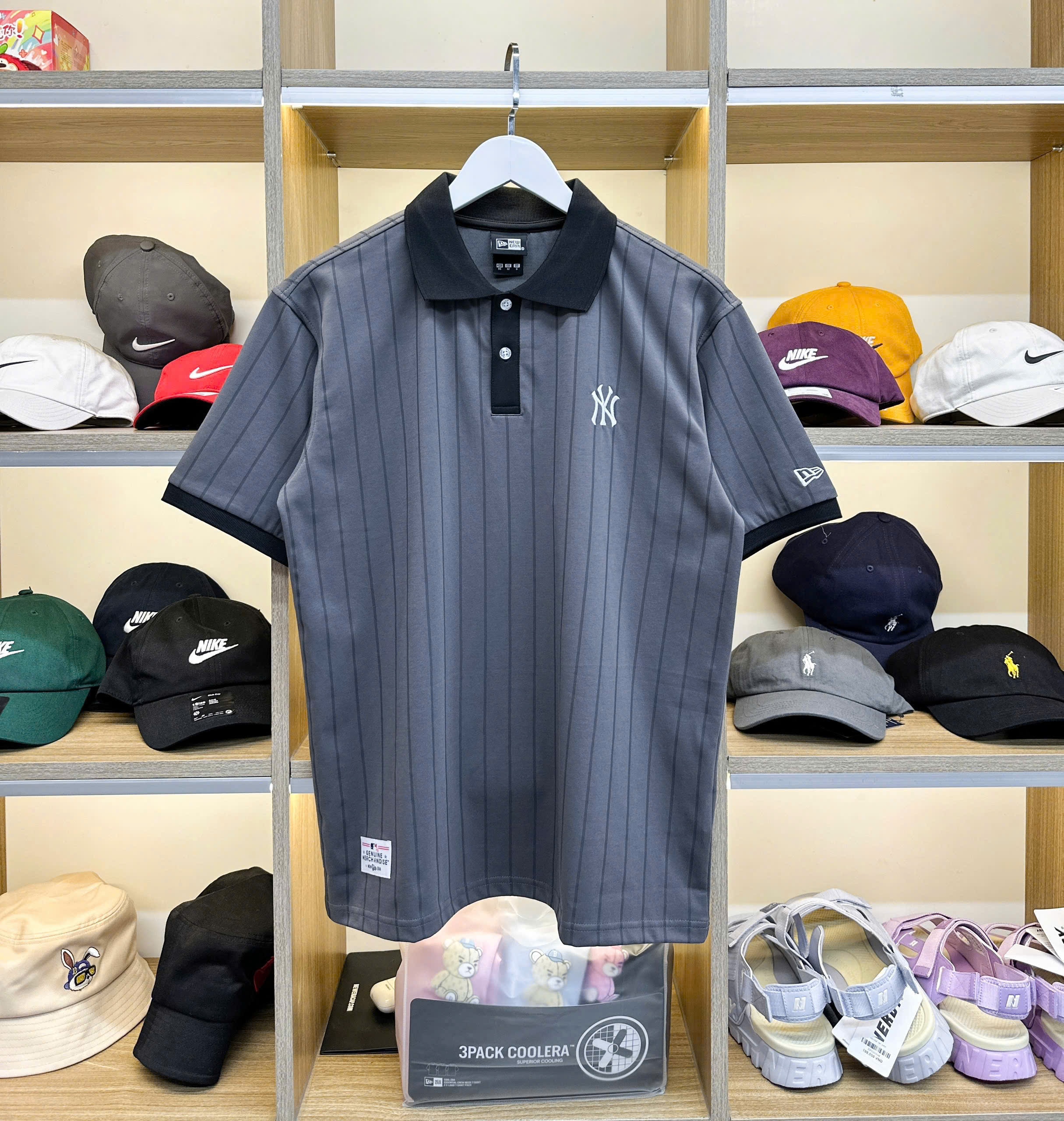 2684 - Áo Polo New Era NY Basic Xám Đen Sọc [HÀNG CHÍNH HÃNG]