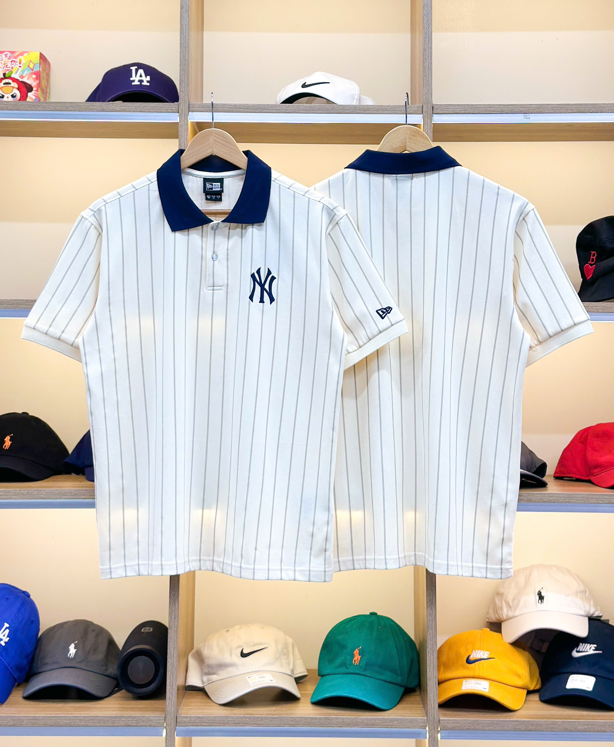 2161 - Áo Polo New Era NY Trắng Kem Sọc Xanh Navy [HÀNG CHÍNH HÃNG]